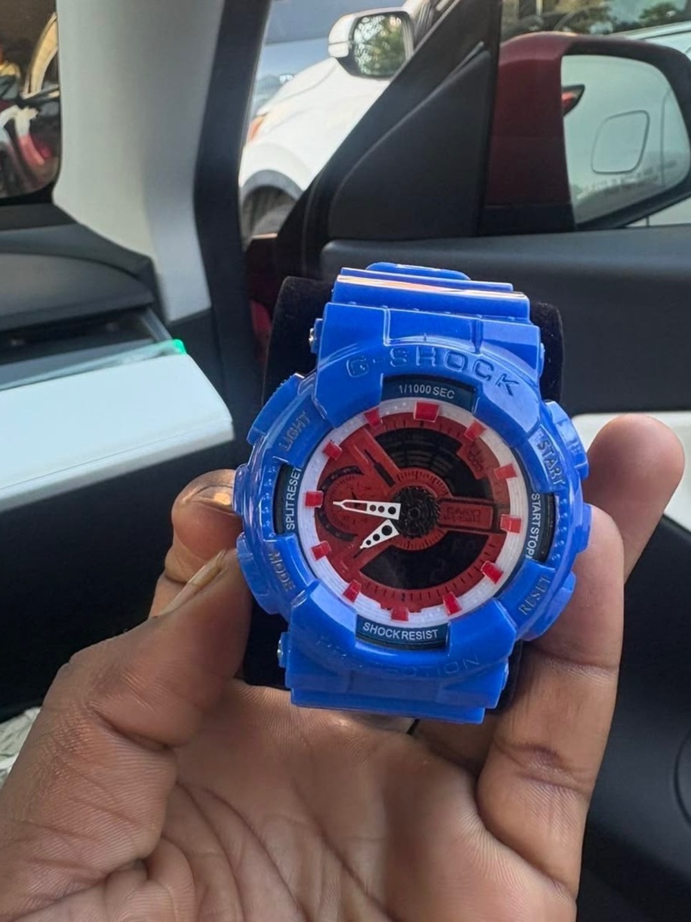 Blue Shock-Resistant Sports Watch with Red Dial